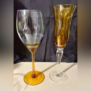 2 vintage glasses, handblown, Smokey gray w/amber stem & Empoli Amber flute.